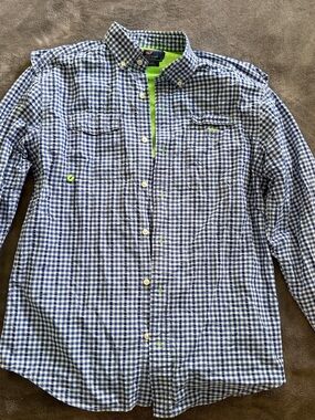 Vineyard Vines Blue and White Gingham Harbor Shirt with Neon Lime Lining SIZE M